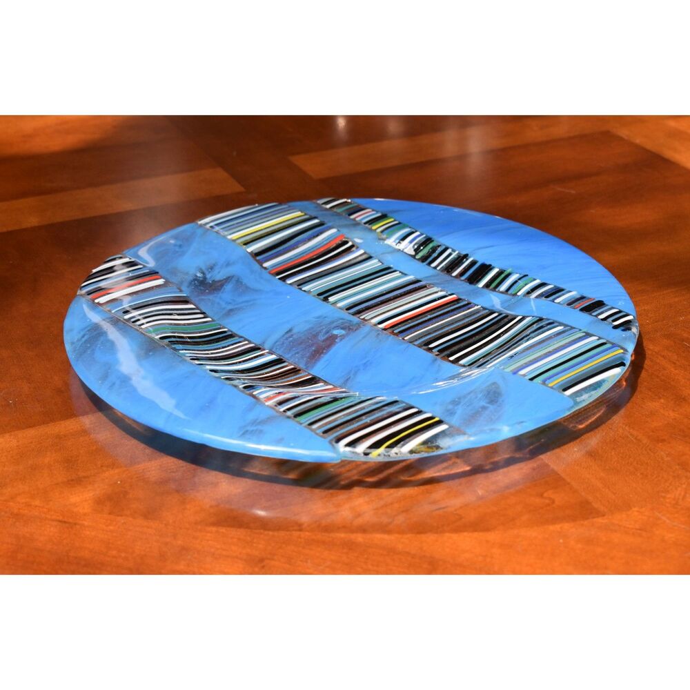 Studio Fused Art Glass Platter 12in Blue Murrine Stripe Handmade Mid Century